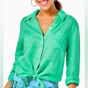 LILLY PULITZER | Seaview Button Down retired Botanical Green Linen top | Size M
